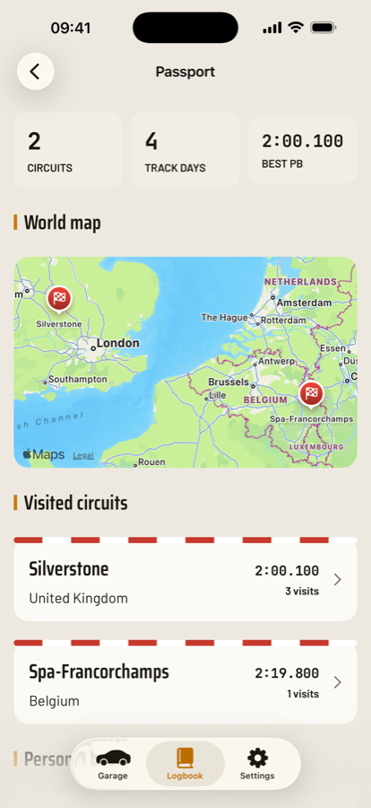 The Apex circuit passport showing visited circuits on a map with personal bests at Silverstone and Spa-Francorchamps.